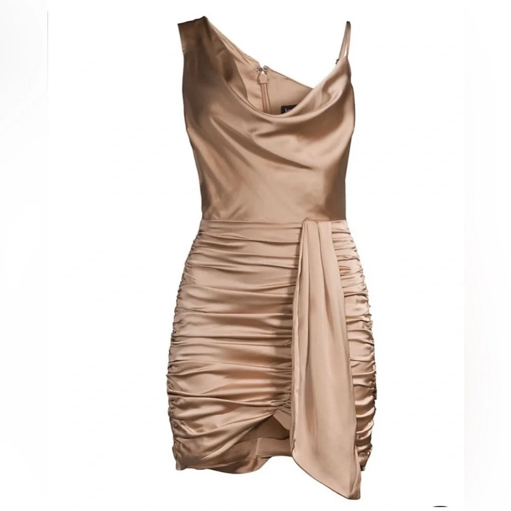 Bronze Satin Mini Cocktail Party Dress Wedding Draped Sash Cowl Ruch Sexy NYE 12